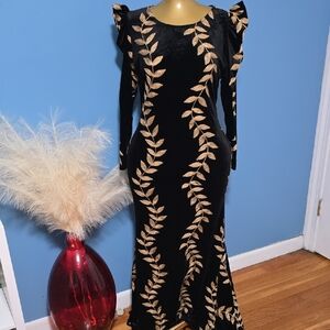 Black Velvet Long Sleeve Dress with Gold Leaf Embroidery